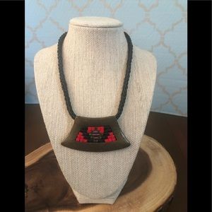 Chico’s Brass, Braided Black Leather, Red & Metallic Bead Necklace
